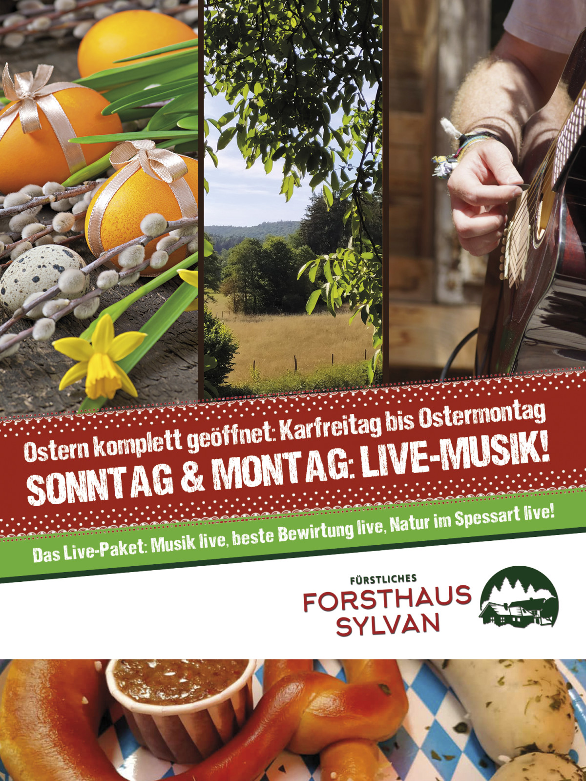 Werbung für Osterveranstaltung im Forsthaus Sylvan mit Live-Musik und Bild von Essen.