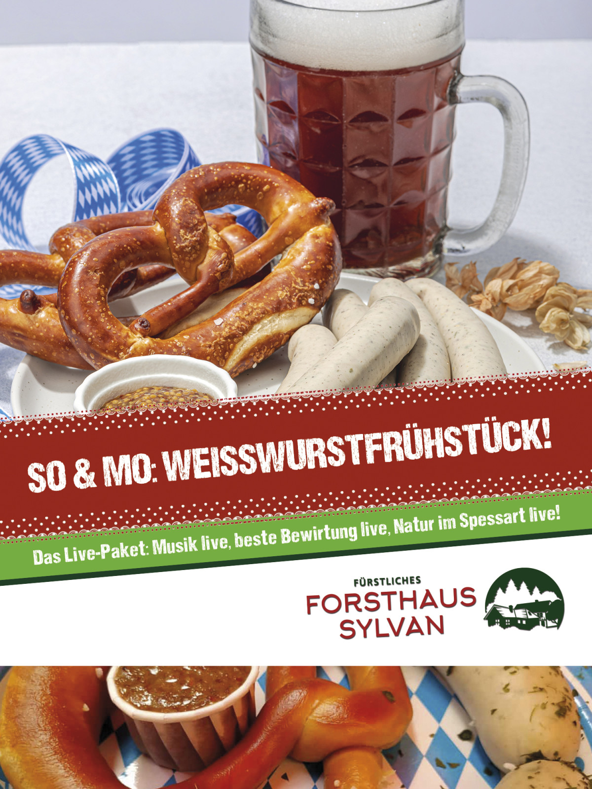 Weißwürste, Brezeln und ein Bierkrug für das Weißwurstfrühstück