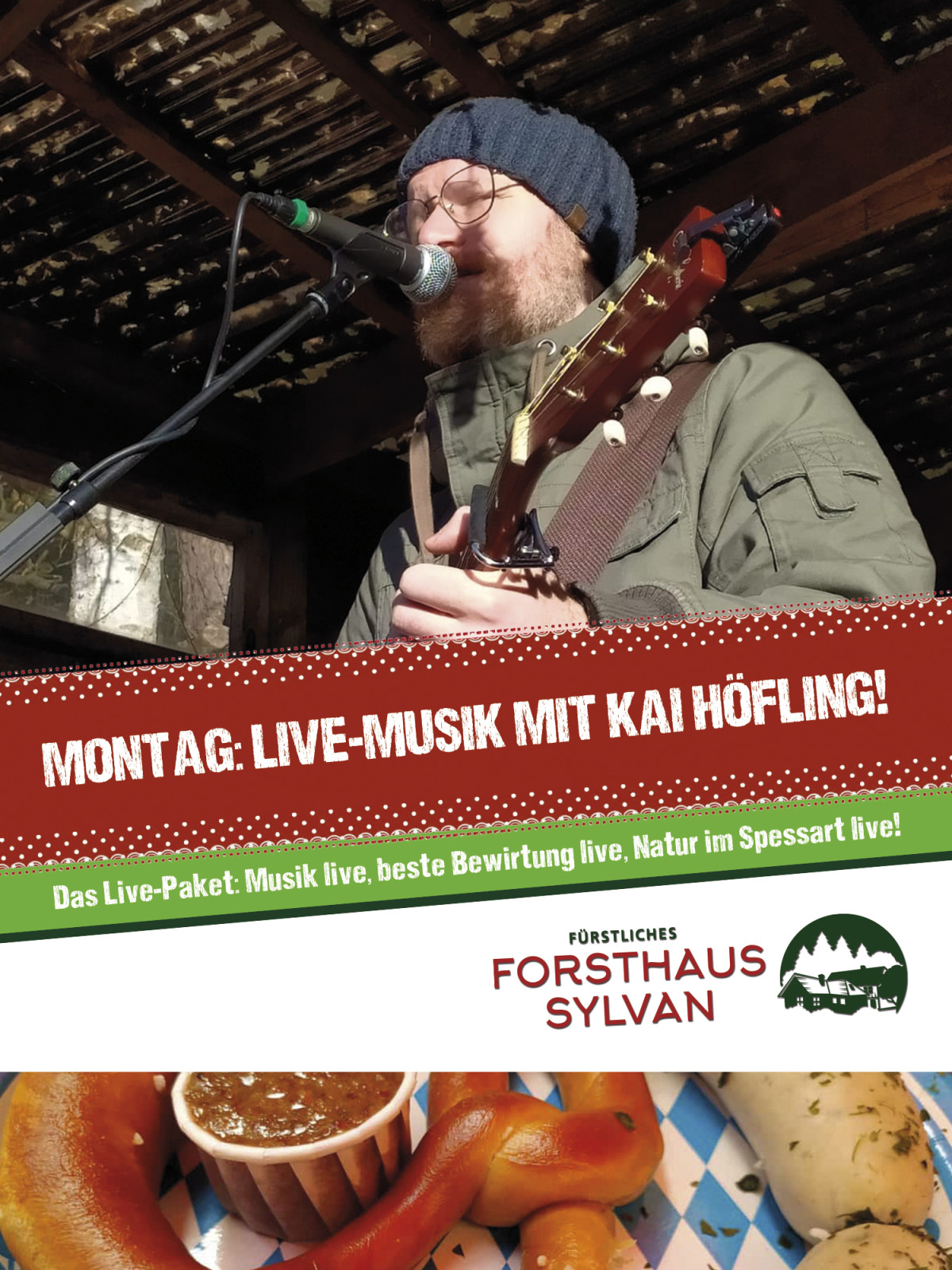 Musiker singt und spielt Gitarre, typische bayerische Speisen wie Brezeln im Vordergrund.