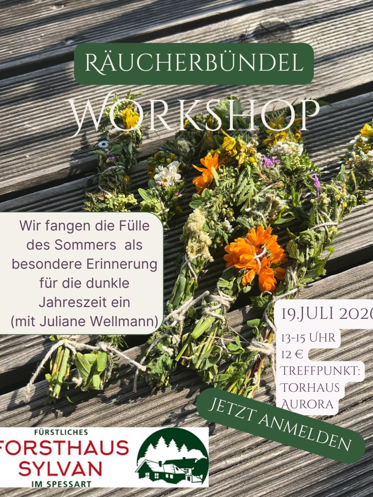 Räucherbündel aus bunten Blumen auf einem Holztisch. Workshop-Informationen sind ebenfalls abgebildet.